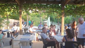 Ein Patio im Freien mit Tischen und Stühlen, umgeben von Bäumen.