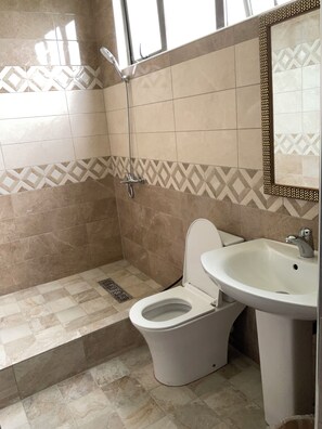 Douche, sèche-cheveux, serviettes fournies, savon