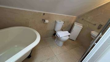 Separate tub and shower, deep soaking tub, hair dryer, towels