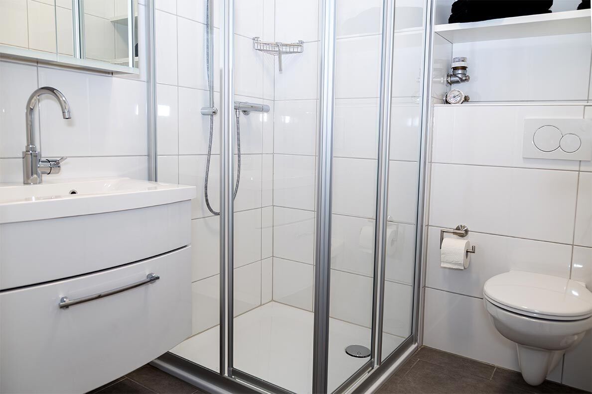 A modern bathroom with a glass-enclosed shower, a white sink, and a toilet.