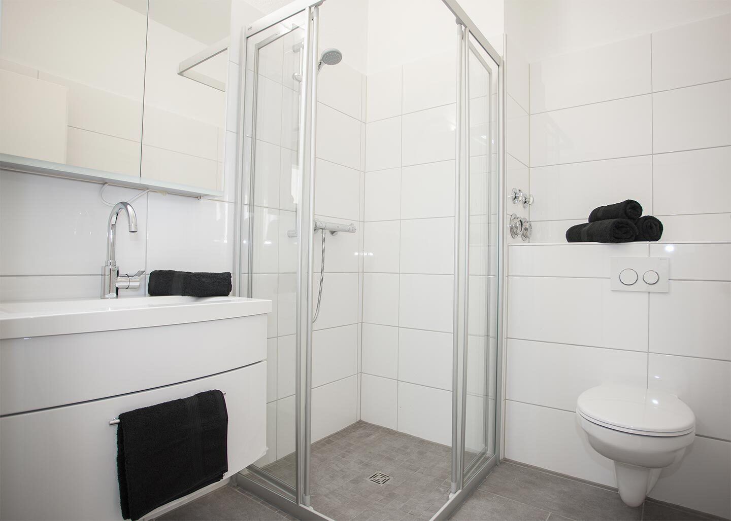Ein modernes Badezimmer mit einer Duschkabine, einem weißen Waschbecken mit Armatur und einer Toilette.