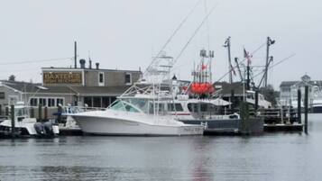 A marina with boats docked, a building labeled "BAXTER'S FISH N CHIPS," and a flagpole with flags.