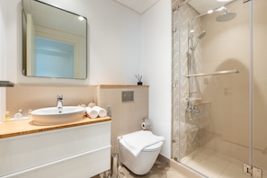Shower, hair dryer, towels, soap