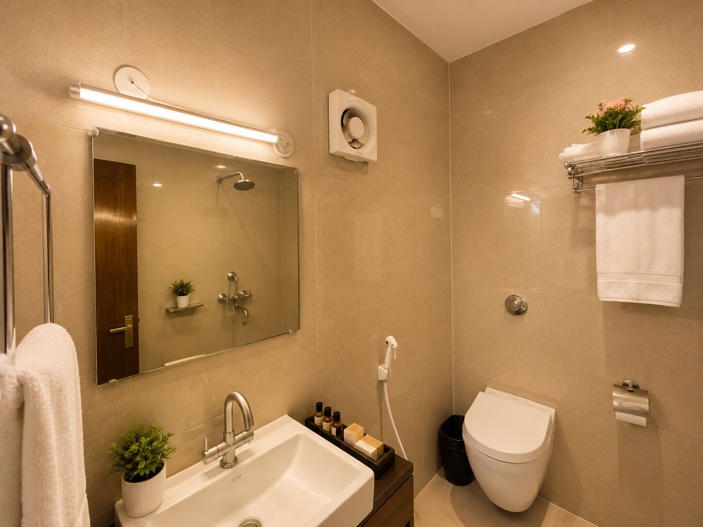 Un baño moderno con un espejo grande, un lavabo, un inodoro y una ducha.