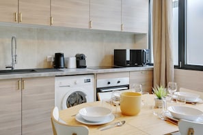 Apartment | Private kitchen | Fridge, microwave, oven, stovetop