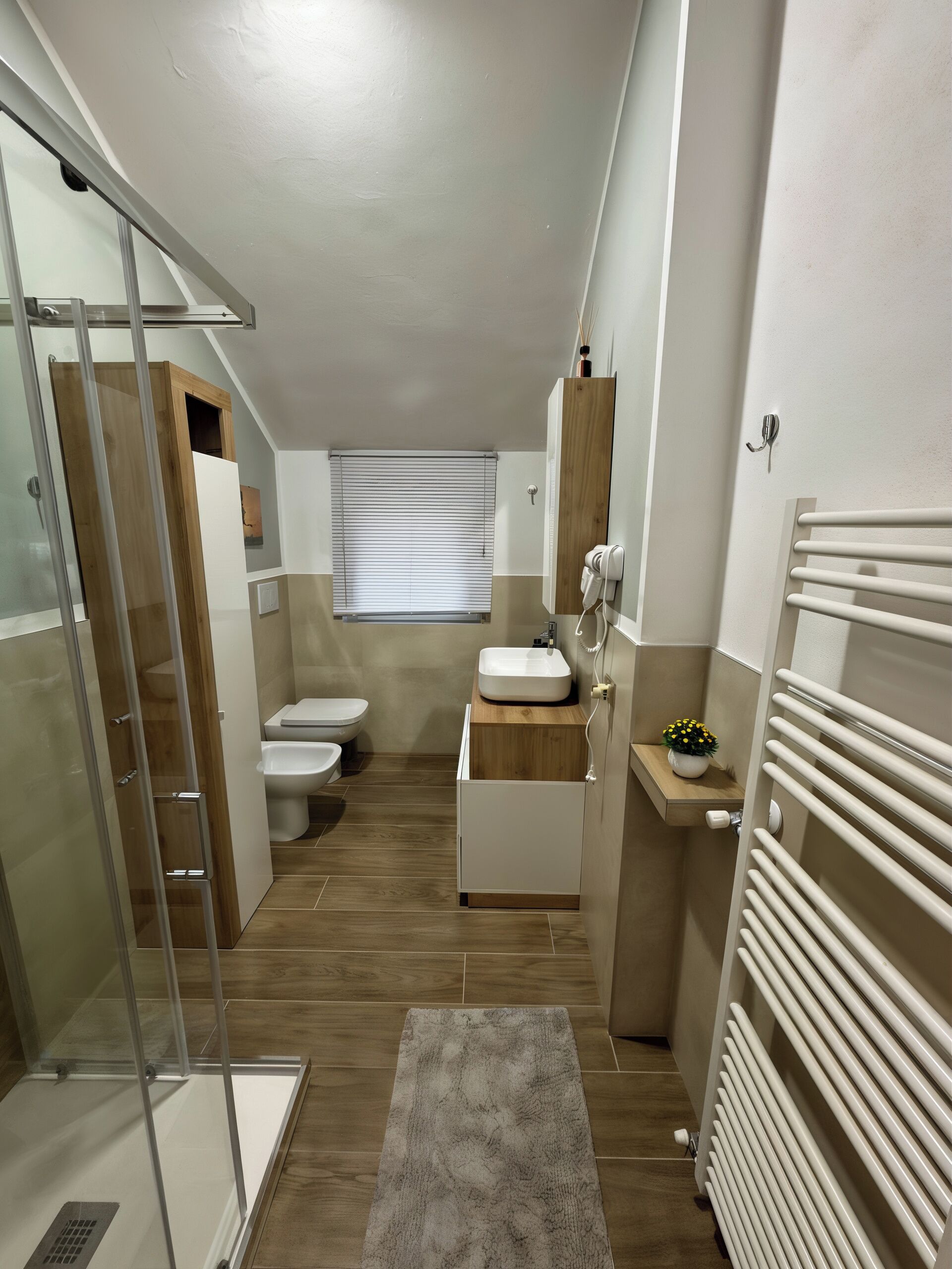 Dusch, hårtork, bidé och handdukar