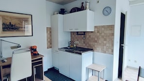 Fridge, stovetop, dishwasher, coffee/tea maker