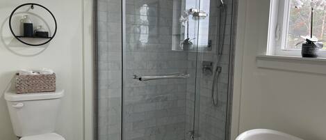 Hair dryer, towels, soap, toilet paper