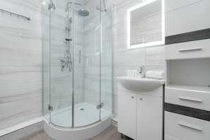 Dusche, Haartrockner, HandtĂŒcher, Shampoo