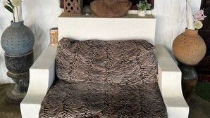 Un canapé blanc orné d’un coussin à motifs zébrés, un buste en bois et une fenêtre à carreaux.