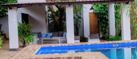 Outdoor pool, pool loungers