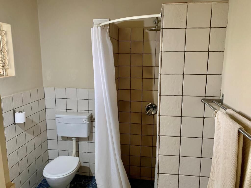 A bathroom with a toilet, shower, and tiled walls.