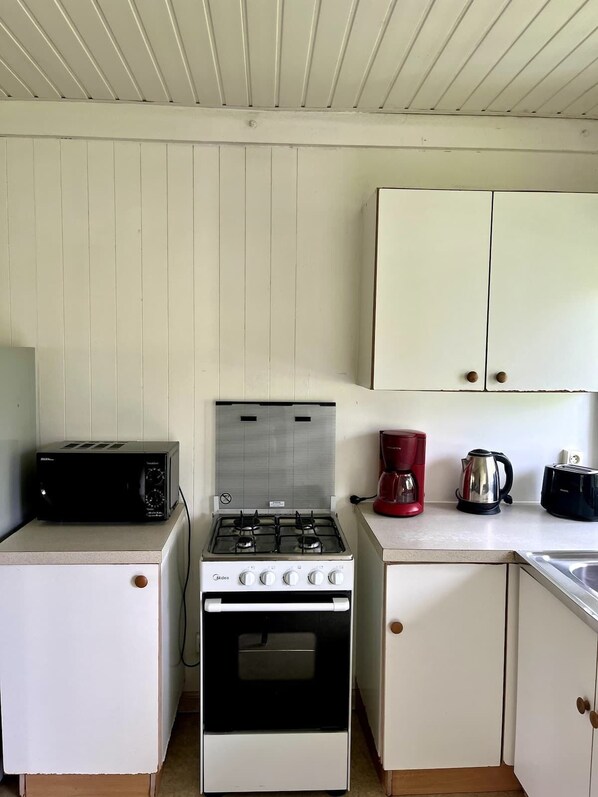 Fridge, microwave, oven, cookware/dishes/utensils