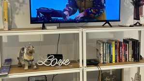 A television displaying a person playing a keyboard, a bookshelf with books and decorative items, and a small elephant figurine. - Superb 3-bedroom house with AC in Broadbeach Waters (Broadbeach Waters)