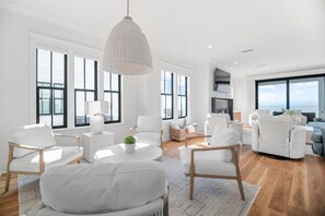 Smart TV, fireplace, books