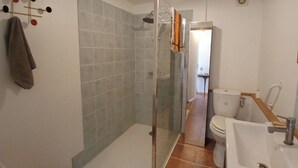 A bathroom with a shower, toilet, and sink. - Studio with terrace and garden 15 minutes from Guédelon (Treigny-Perreuse-Sainte-Colombe)