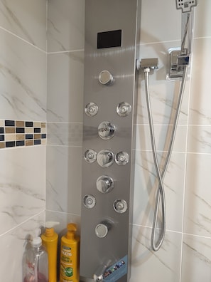 Hair dryer, bidet, towels, toilet paper