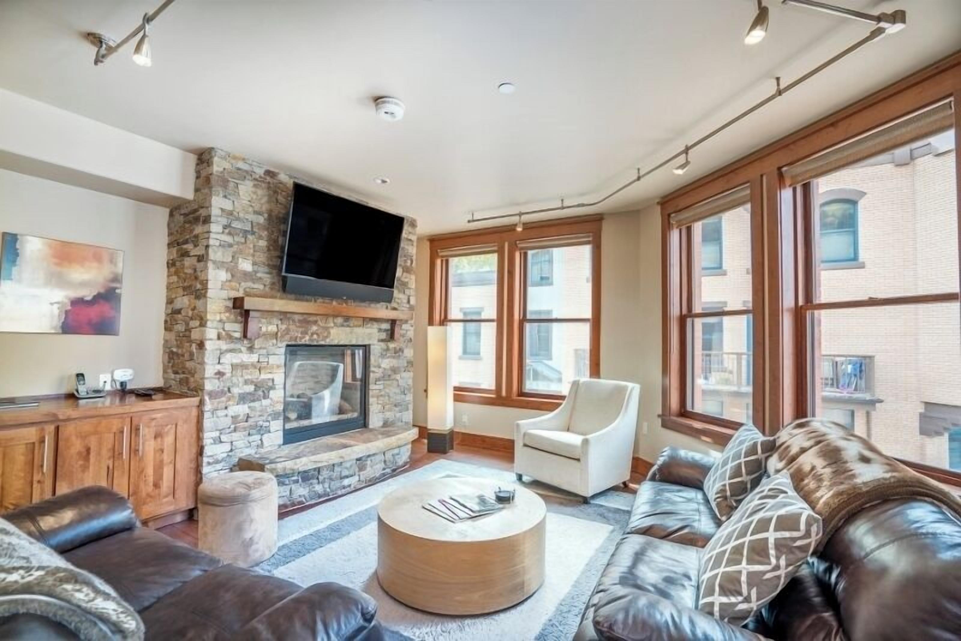 Smart TV, fireplace, books, music library