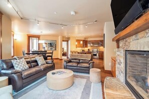 Smart TV, fireplace, books, music library