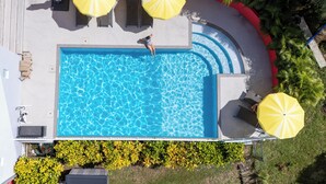 Vista aérea de una piscina rodeada de tumbonas y sombrillas, en un entorno de vegetación.