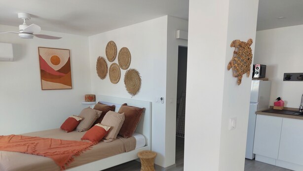 Un dormitorio moderno con cama, almohadas, una obra de arte en la pared y un ventilador de techo.