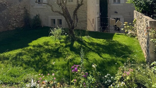 A courtyard with a stone wall, a tree, and a building with a tiled roof.