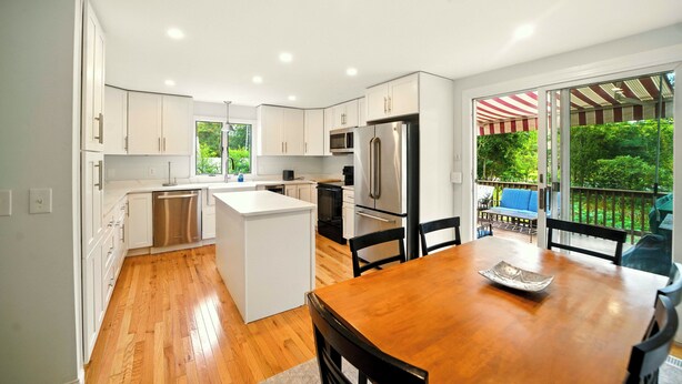 A modern kitchen with white cabinets, stainless steel appliances, and a wooden dining table.