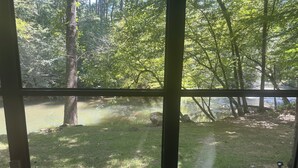 A view from inside a building with large windows overlooking a grassy area with trees and a body of water. There are benches in the foreground. - Lovely cottage cabin on the Cartecay River in Ellijay. Kayak or tubers dream!!! (Ellijay)