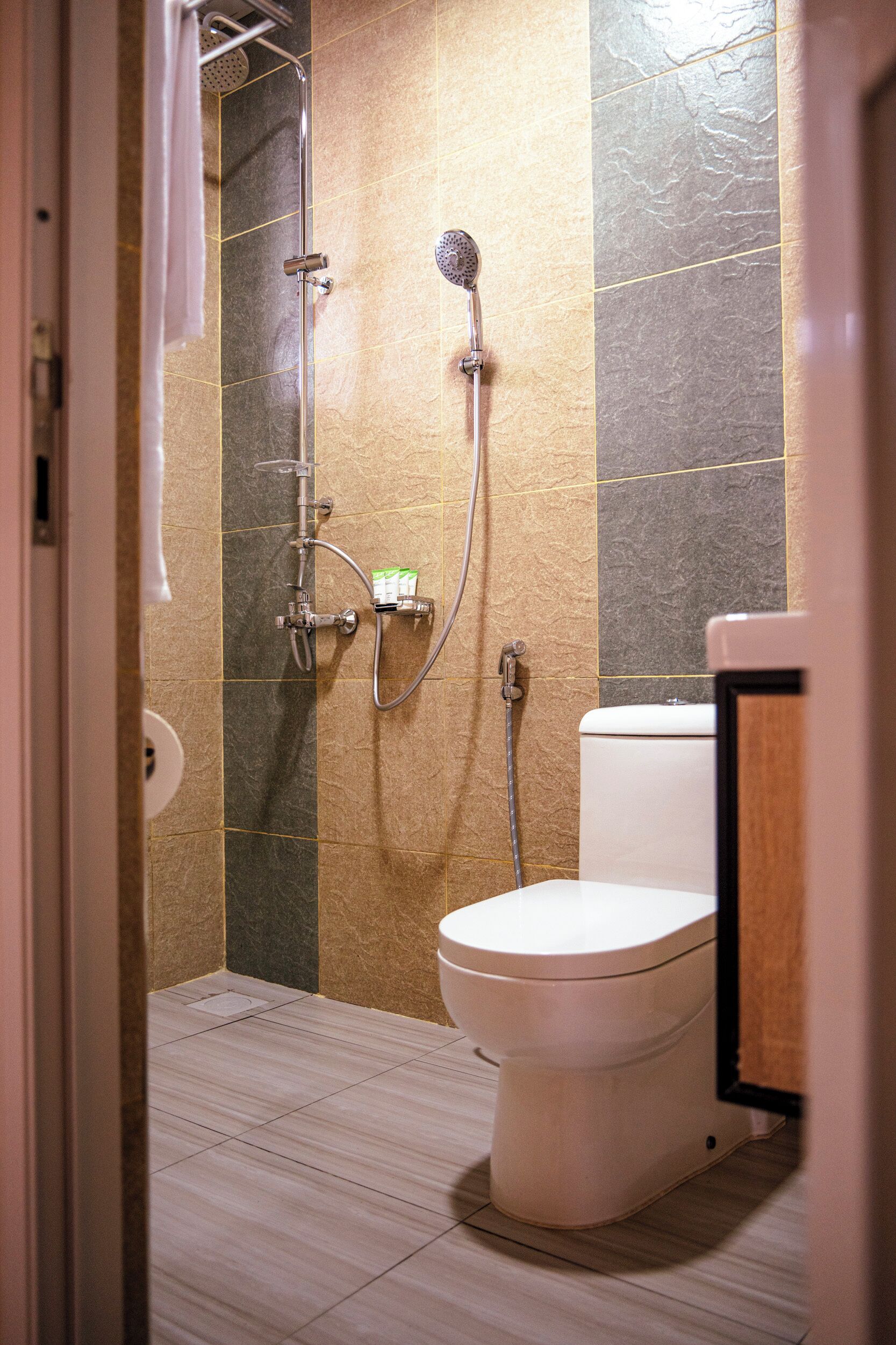 Ein Badezimmer mit Dusche, Toilette und Handtuchhalter.