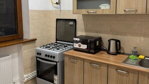 Cozinha com fogão a gás, forno, micro-ondas e armários de madeira.