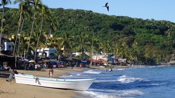 A beach with a boat on the sand, palm trees, and a forested hill in the background. - BEACHFRONT - 3-bedroom home on the Los Ayala Beach (Los Ayala)