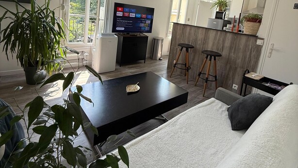 Un salon moderne avec un canapé, une table basse et un téléviseur diffusant des services de streaming.