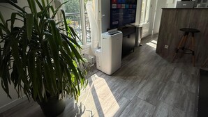 Un salon moderne doté d’un grand téléviseur, d’un coin cuisine et d’un balcon agrémenté d’une plante en pot.