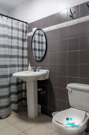 Secador de pelo, toallas, jabón y papel higiénico