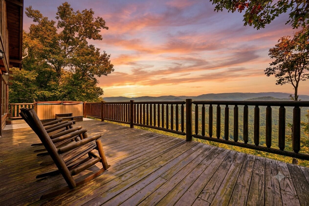 A wooden deck with a railing, benches, and a view of the landscape.