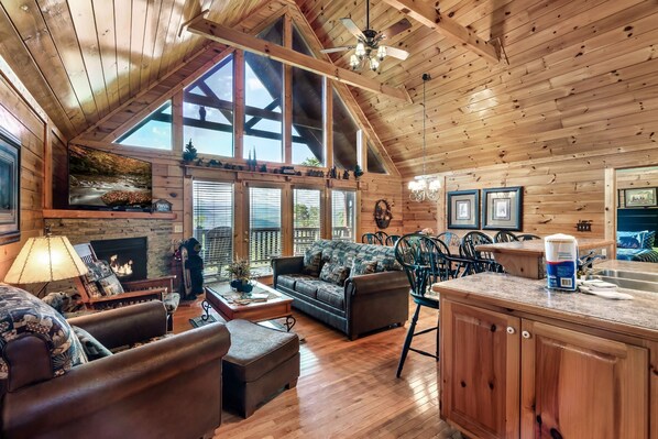 Smart TV, fireplace, video games, DVD player