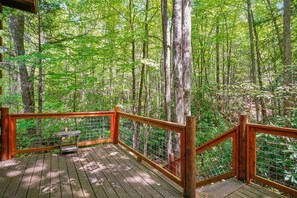 A wooden deck with a metal railing overlooking a forest.