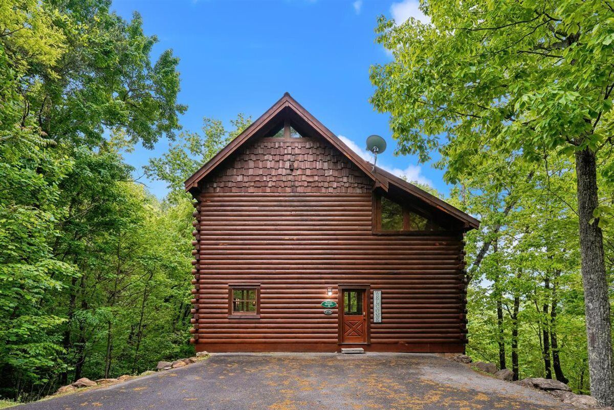 A log cabin with a pitched roof, a chimney, and a door with a window.