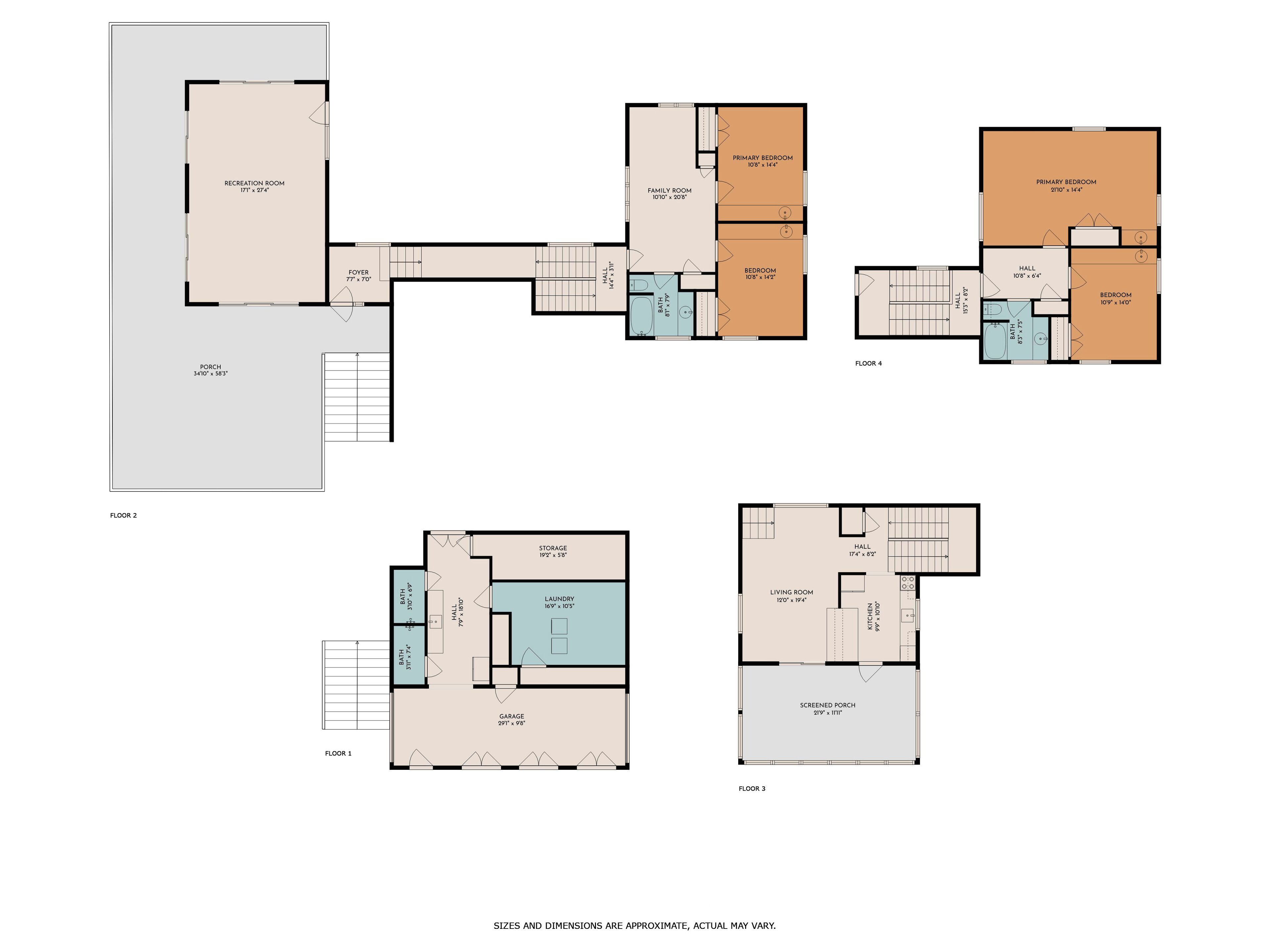 Disposizione di un appartamento su più livelli, con sala ricreativa, camere da letto principali, sala famigliare, una camera da letto, soggiorno, veranda riparata, garage, lavanderia, bagno e locale di stoccaggio.