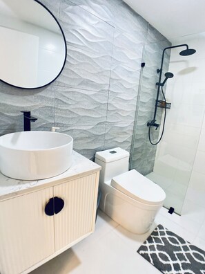 Hair dryer, towels, soap, toilet paper