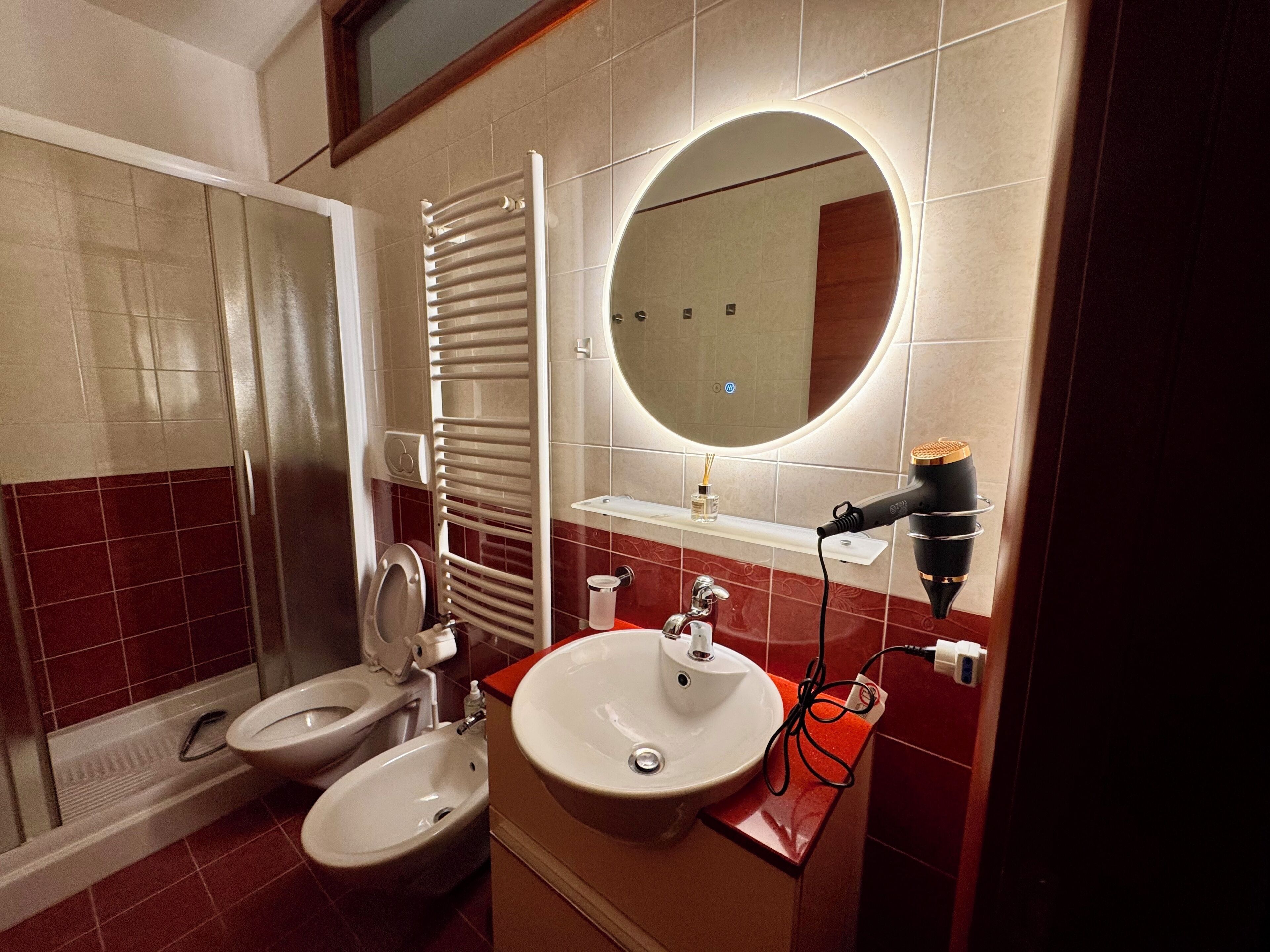 Hair dryer, bidet, towels, soap