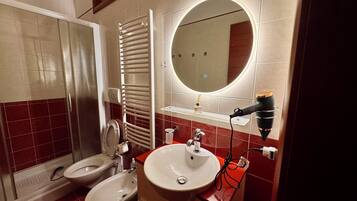 Hair dryer, bidet, towels, soap