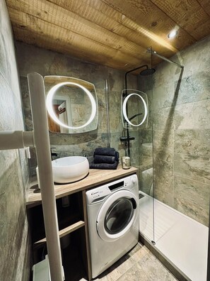 Hair dryer, towels, soap