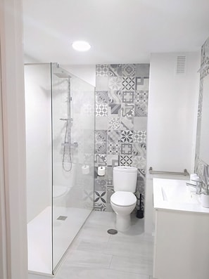 Hair dryer, towels, soap, toilet paper