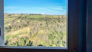 Uitzicht vanuit een raam op een landschap met velden en bomen.