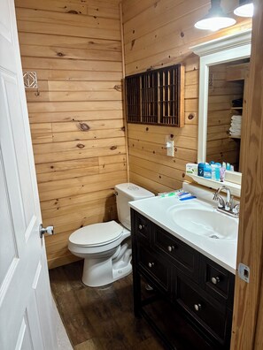 Hair dryer, towels, soap, shampoo
