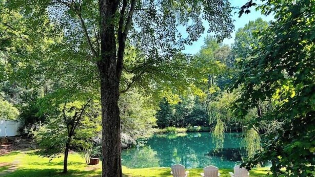 Un espace extérieur paisible avec un étang, entouré d’une végétation luxuriante et d’arbres. Trois chaises blanches sont disposées face à l’étang, créant ainsi un coin salon agréable et propice à la détente.