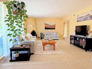 Smart TV, fireplace, video games, DVD player