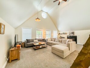 Smart TV, fireplace, books