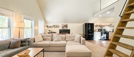 Smart TV, fireplace, books